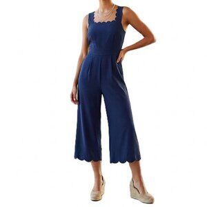MONTEAU Navy Jumpsuit – Scalloped Neckline & Pants Hem, Medium, GUC